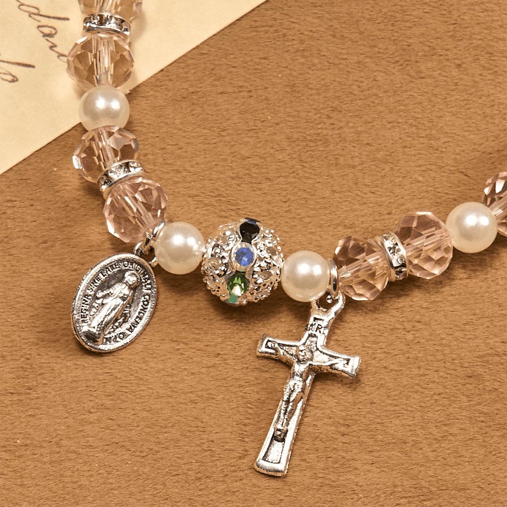 Modern Clear Crystal Stretch Braceletwith Crucifix & Miraculous Medal