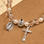 Modern Clear Crystal Stretch Braceletwith Crucifix & Miraculous Medal