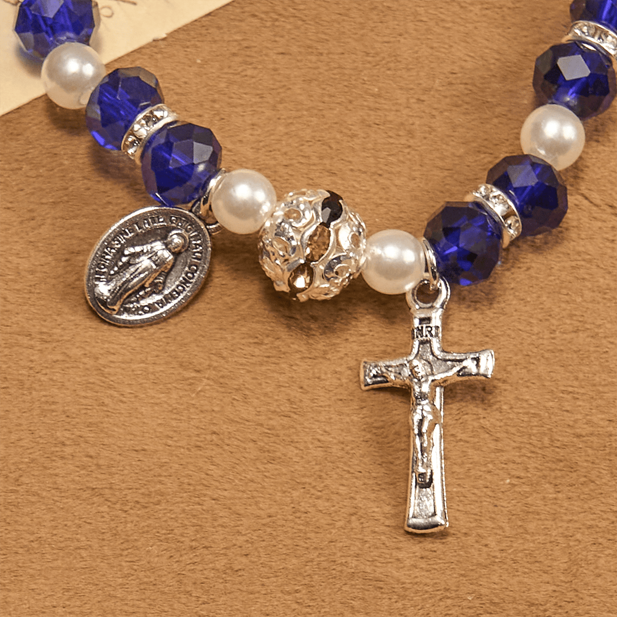Modern Clear Crystal Stretch Braceletwith Crucifix & Miraculous Medal