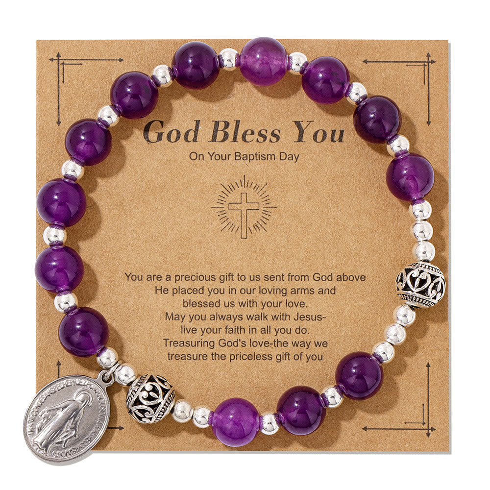 Multi-color Gemstone Stretch Bracelet with Miraculous Medal
