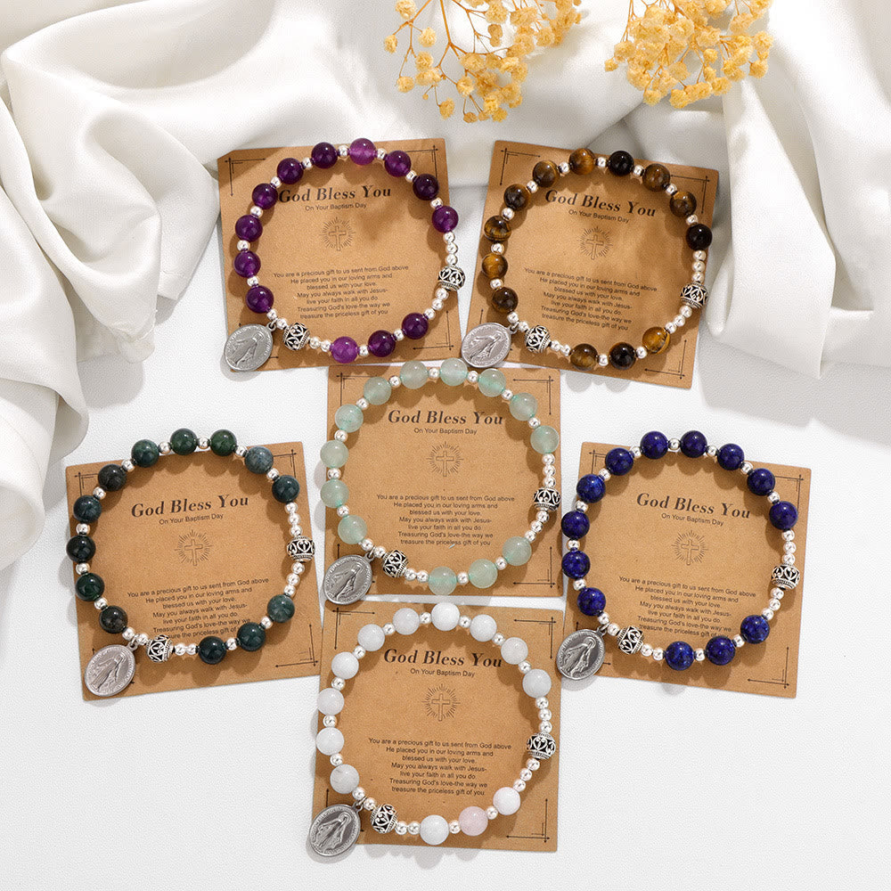 Multi-color Gemstone Stretch Bracelet with Miraculous Medal