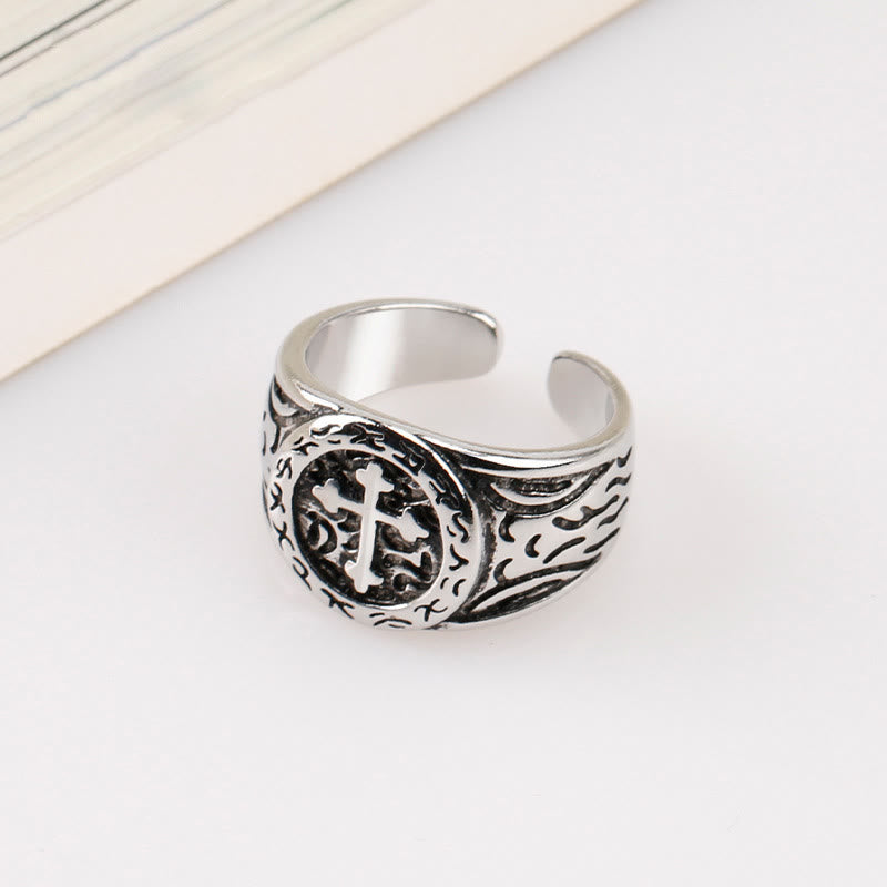 Classic Silver Cross Ring with Ornate Patterns