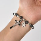 Natural Black Agate Bracelet with St. Benedict Medal and Virgin Mary