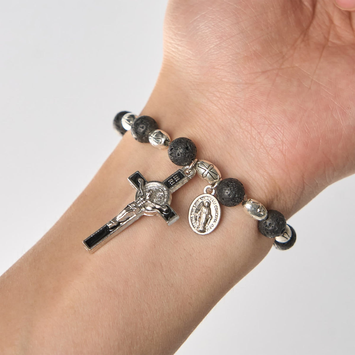 Natural Black Agate Bracelet with St. Benedict Medal and Virgin Mary