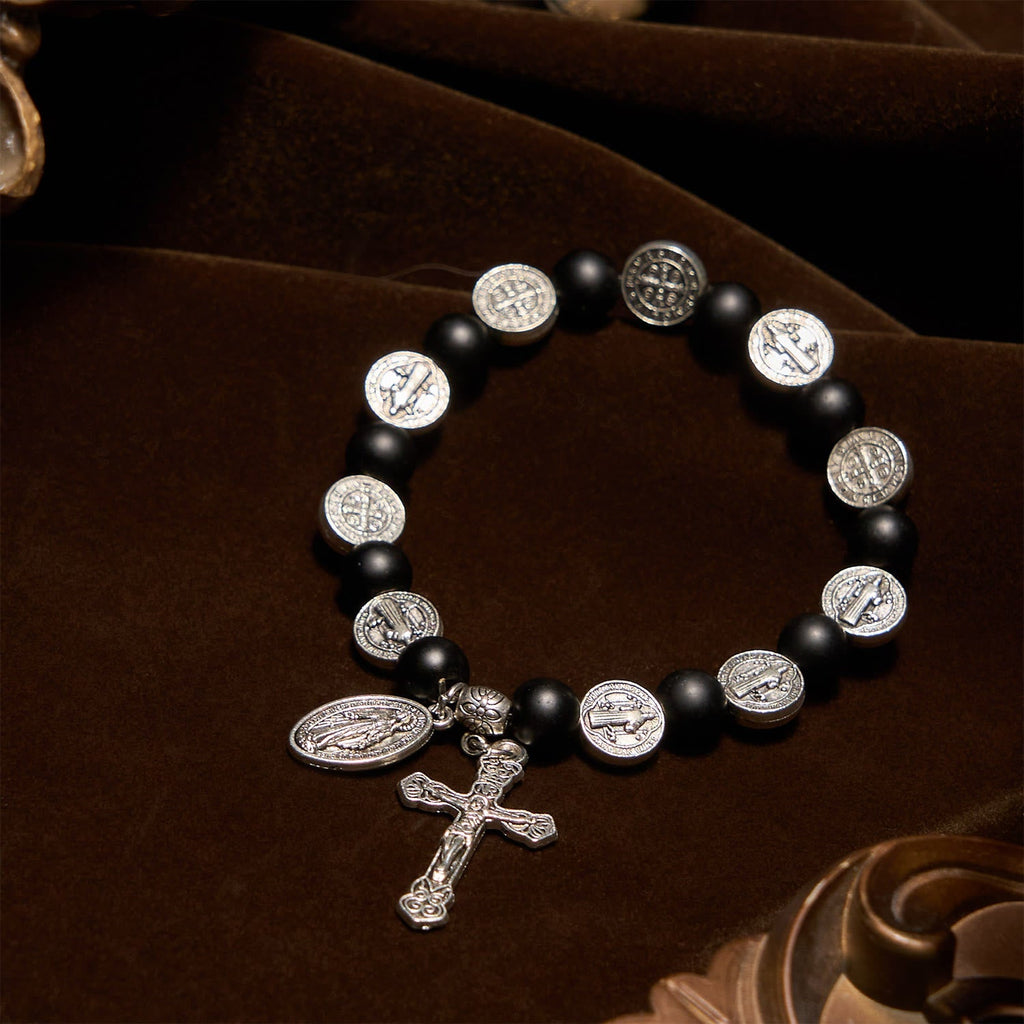 Natural Black Agate Bracelet with St. Benedict Medal and Virgin Mary