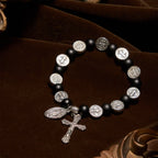 Natural Black Agate Bracelet with St. Benedict Medal and Virgin Mary