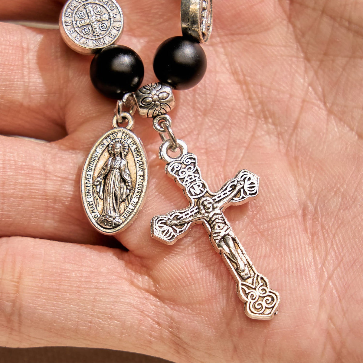 Natural Black Agate Bracelet with St. Benedict Medal and Virgin Mary