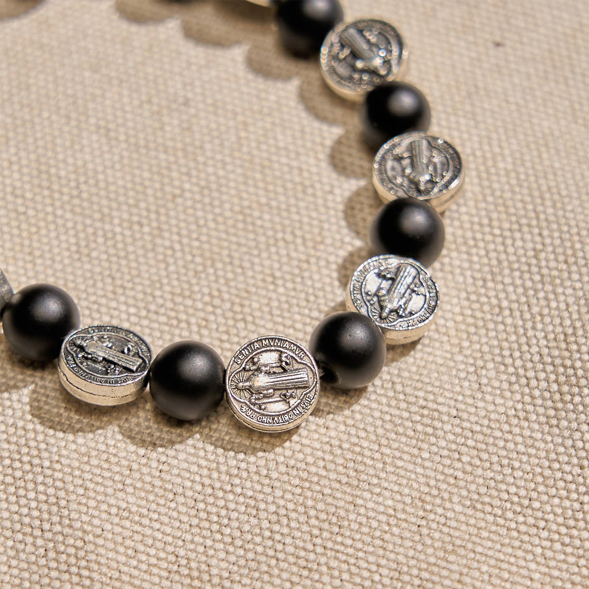 Natural Black Agate Bracelet with St. Benedict Medal and Virgin Mary