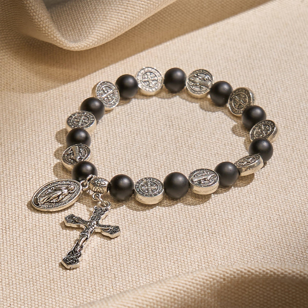 Natural Black Agate Bracelet with St. Benedict Medal and Virgin Mary