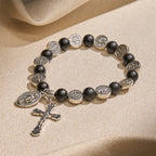 Natural Black Agate Bracelet with St. Benedict Medal and Virgin Mary