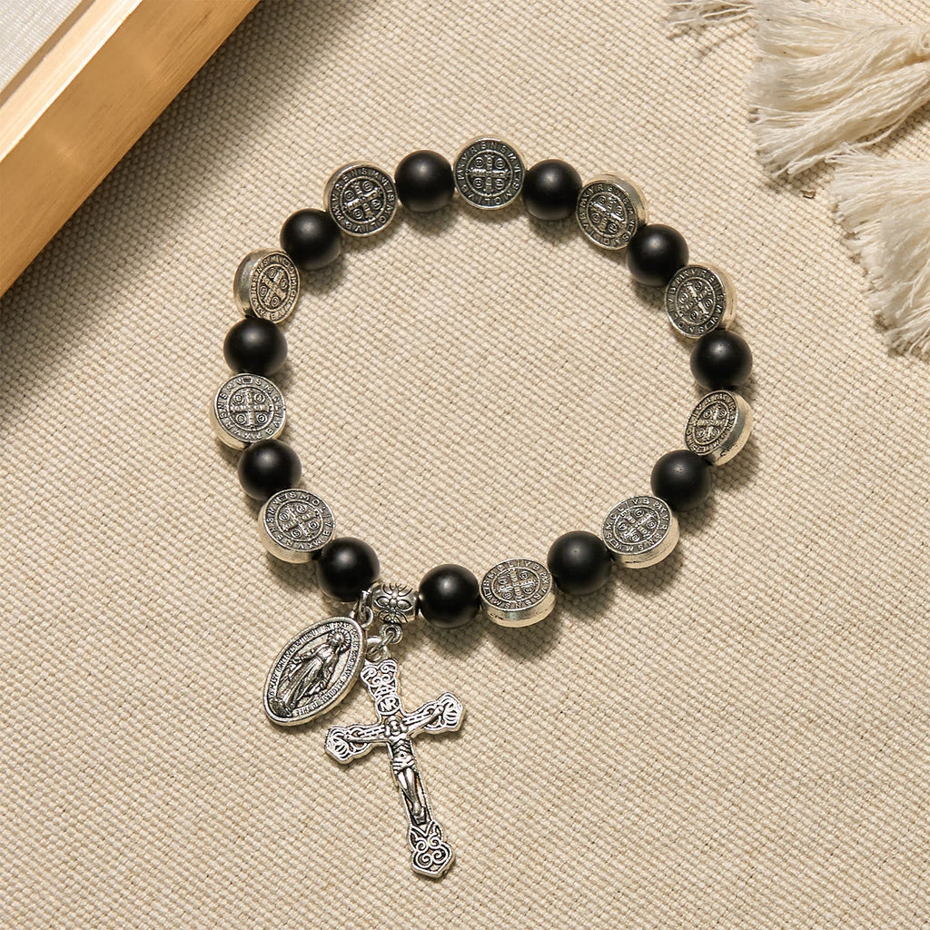 Natural Black Agate Bracelet with St. Benedict Medal and Virgin Mary