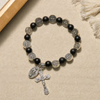 Natural Black Agate Bracelet with St. Benedict Medal and Virgin Mary