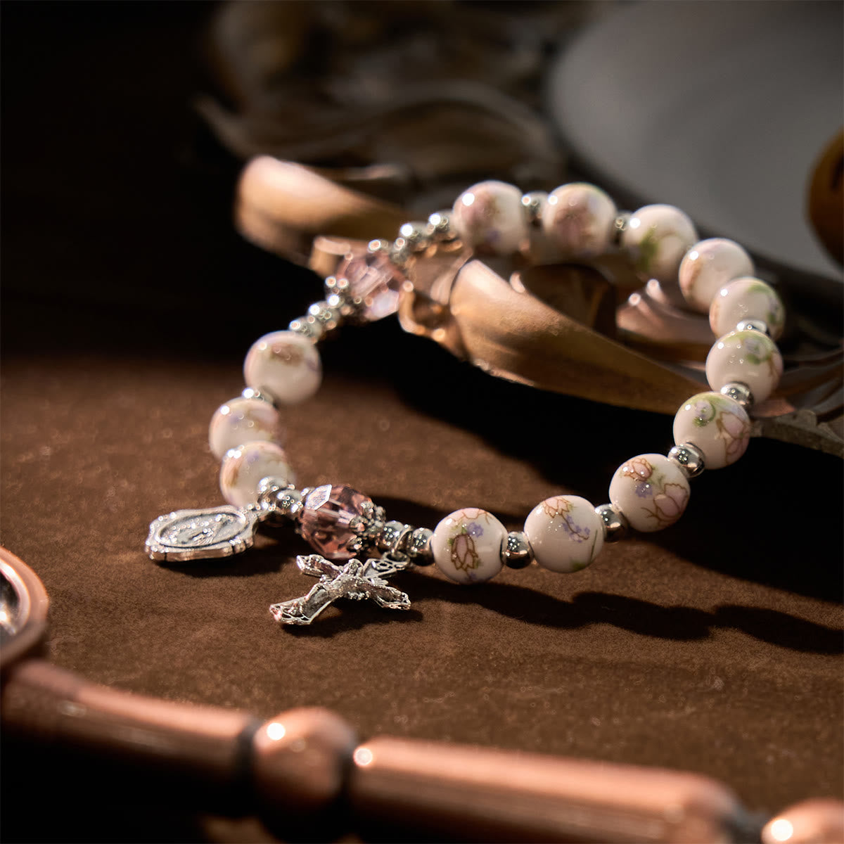 Multi-color Floral Ceramic Stretch Bracelet with Miraculous Medal