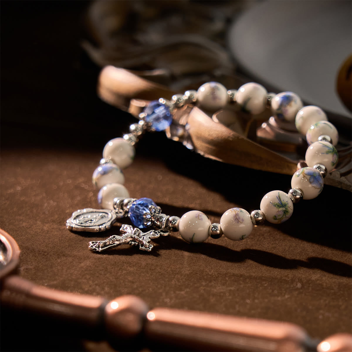 Multi-color Floral Ceramic Stretch Bracelet with Miraculous Medal