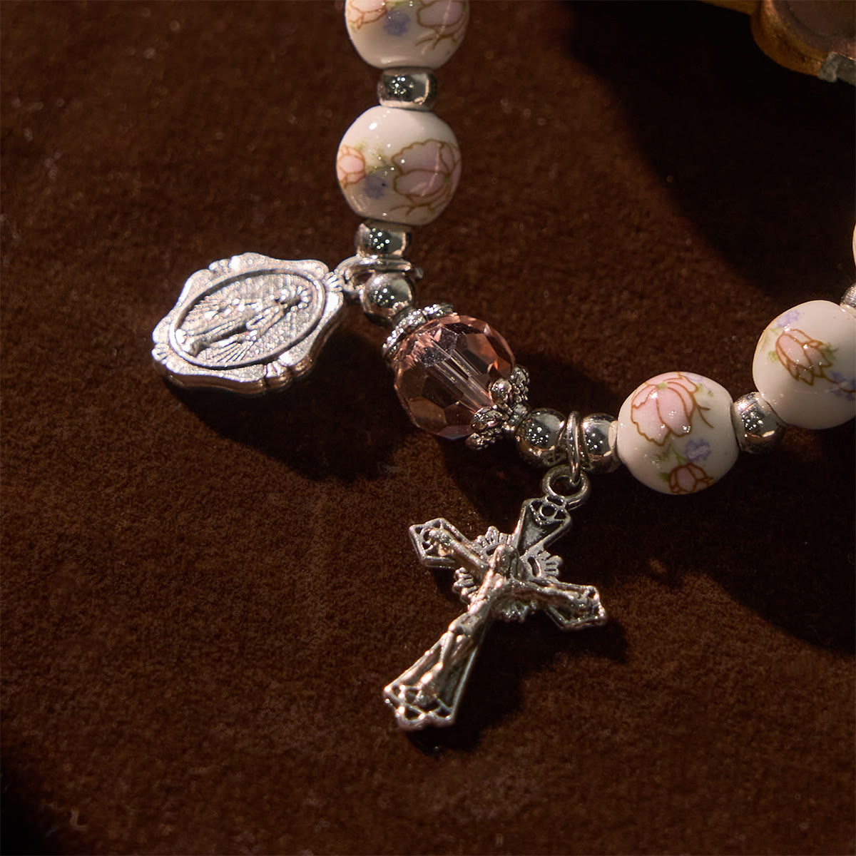 Multi-color Floral Ceramic Stretch Bracelet with Miraculous Medal