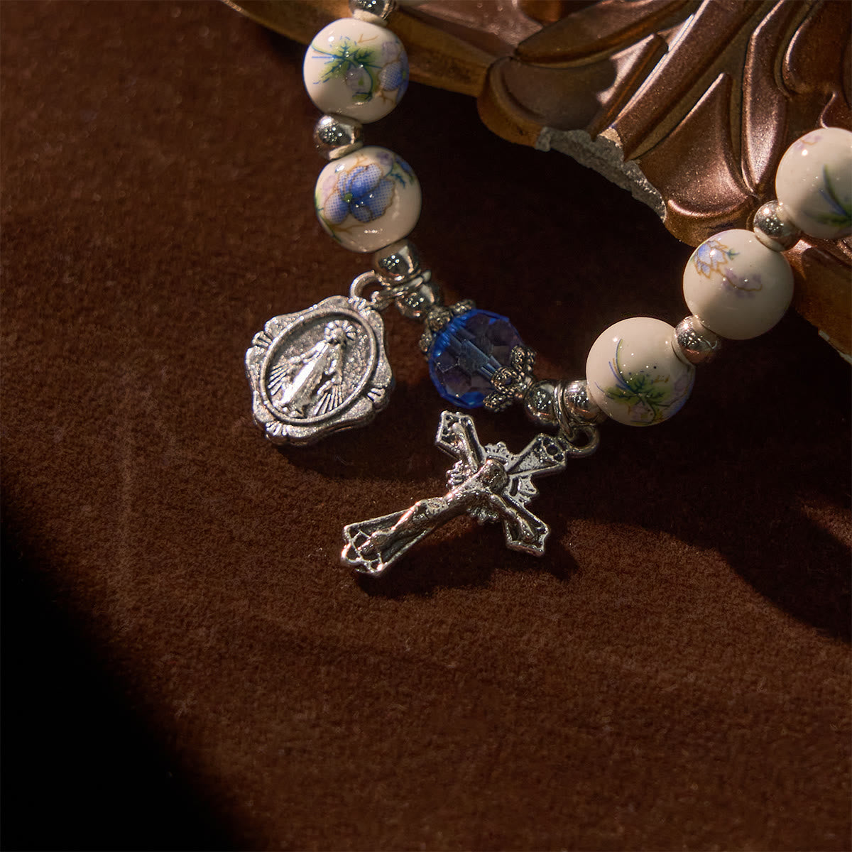 Multi-color Floral Ceramic Stretch Bracelet with Miraculous Medal