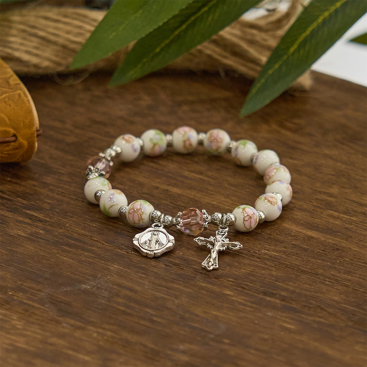 Multi-color Floral Ceramic Stretch Bracelet with Miraculous Medal