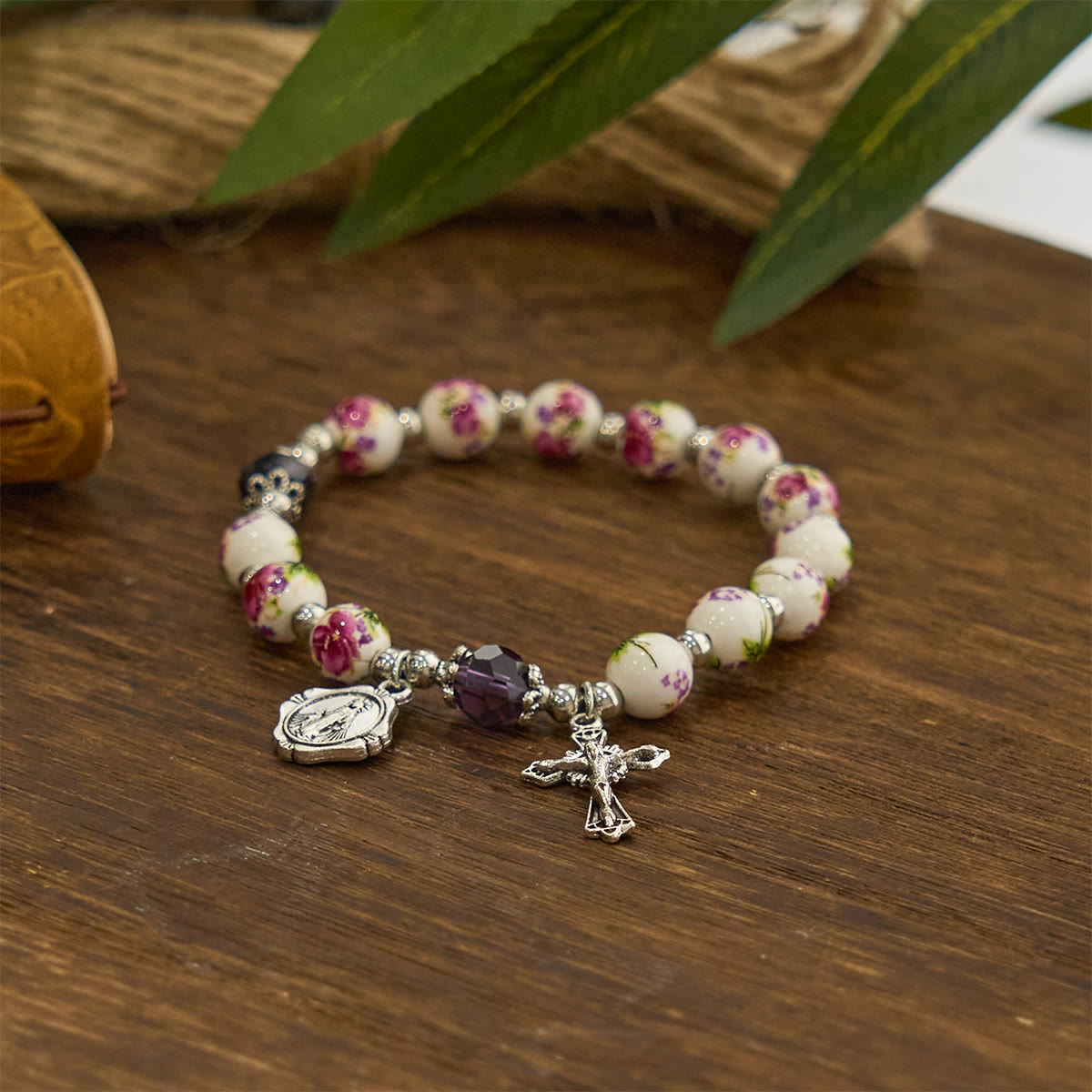 Multi-color Floral Ceramic Stretch Bracelet with Miraculous Medal