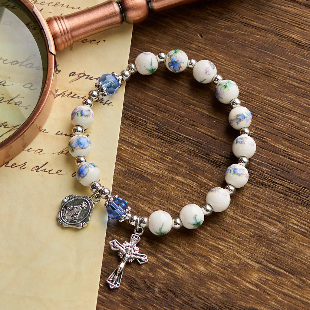Multi-color Floral Ceramic Stretch Bracelet with Miraculous Medal