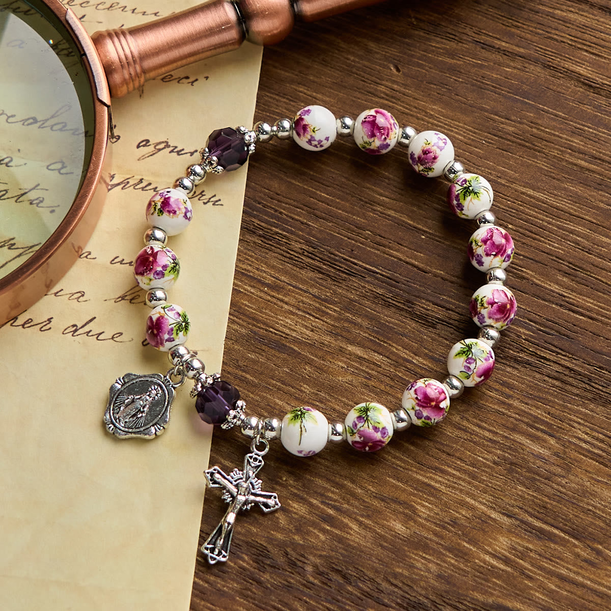 Multi-color Floral Ceramic Stretch Bracelet with Miraculous Medal