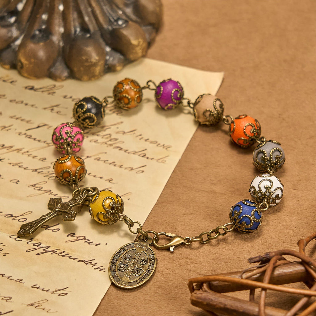 Vintage Style Patterned Colorful Bead Bracelet with Bronze