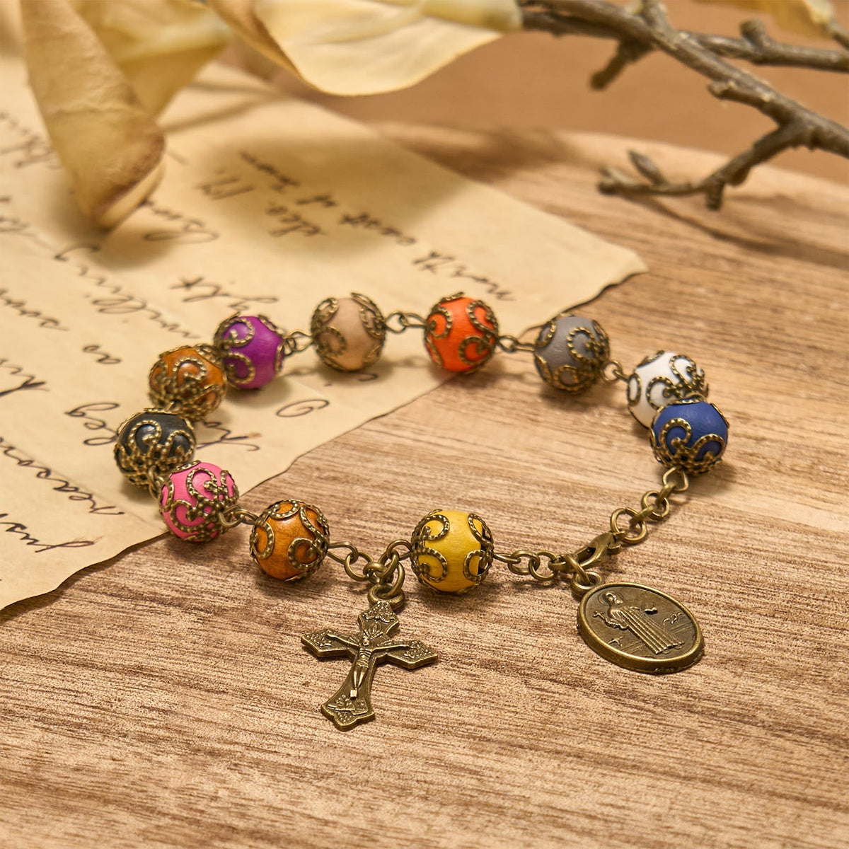 Vintage Style Patterned Colorful Bead Bracelet with Bronze