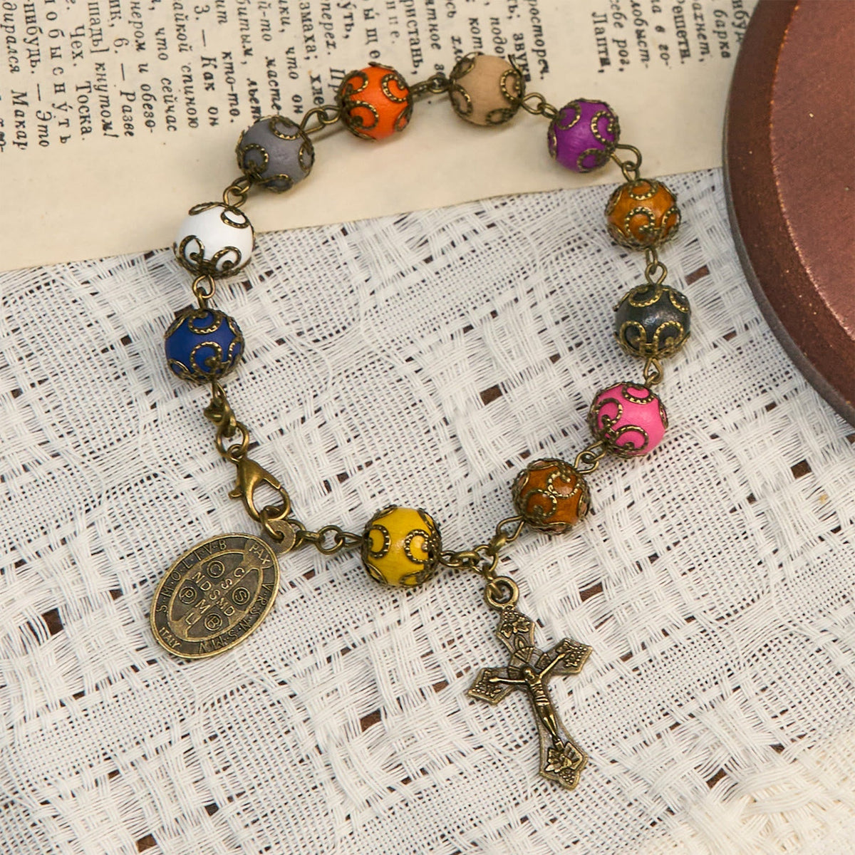 Vintage Style Patterned Colorful Bead Bracelet with Bronze