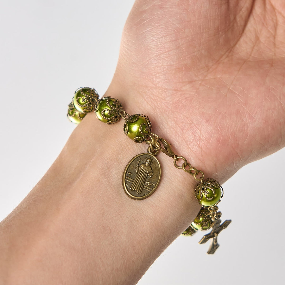 Matte Verdigris Beads with Bronze St. Benedict Medal & Crucifix