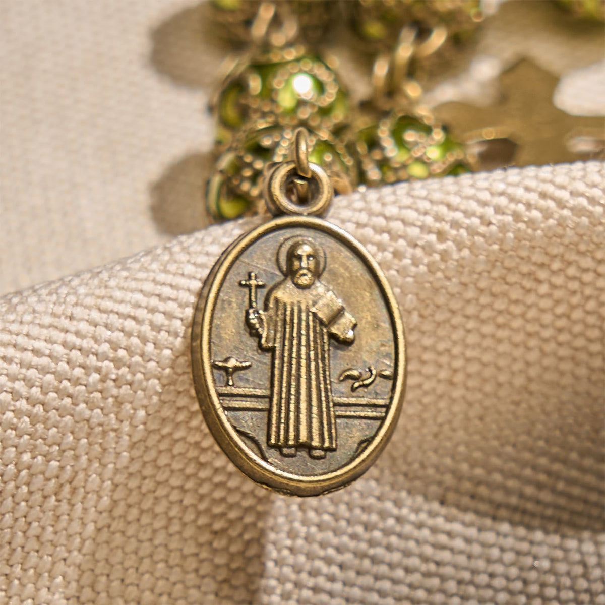 Matte Verdigris Beads with Bronze St. Benedict Medal & Crucifix