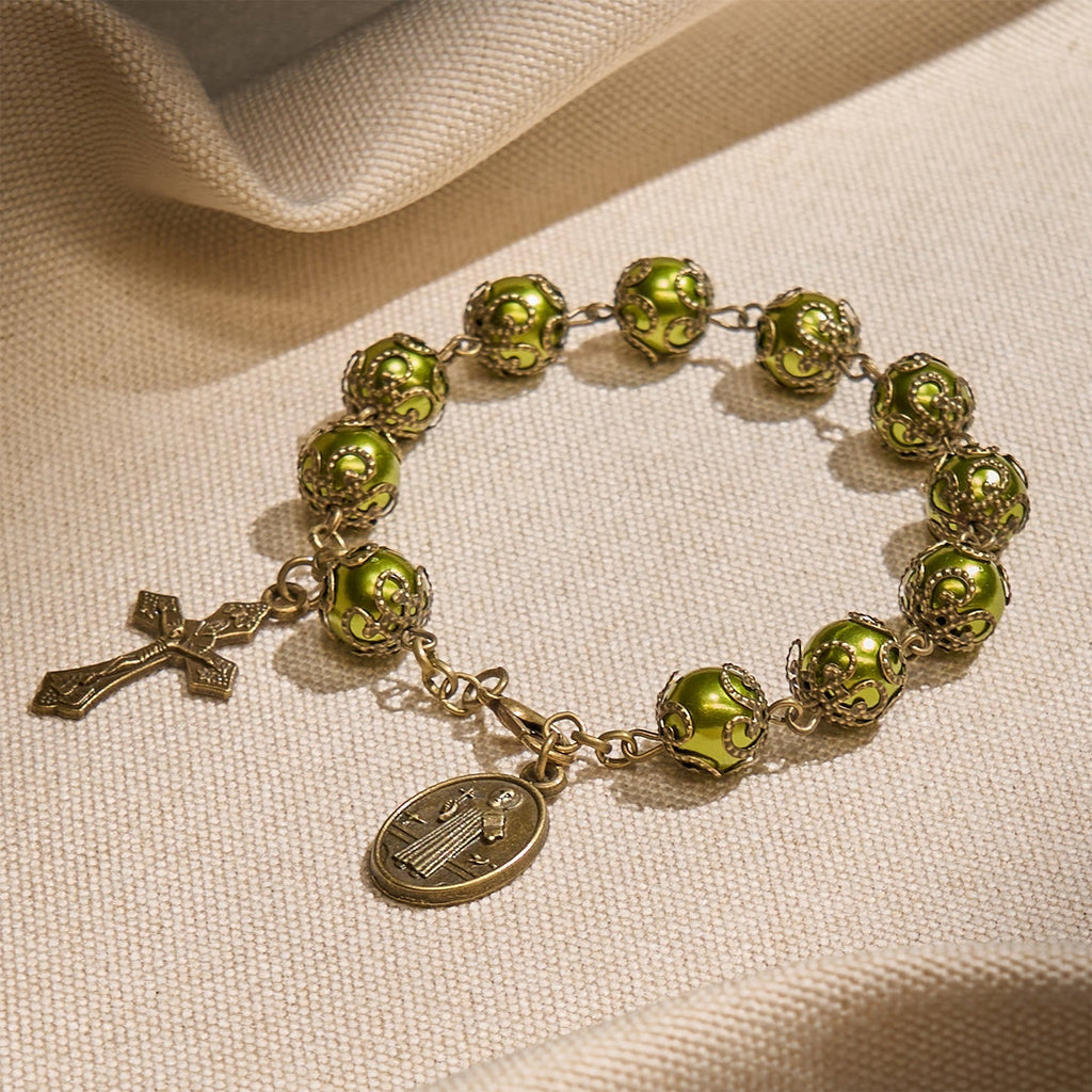 Matte Verdigris Beads with Bronze St. Benedict Medal & Crucifix