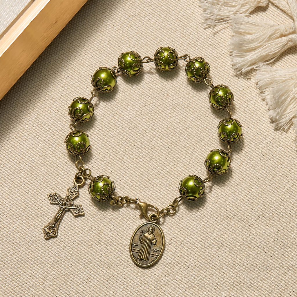 Matte Verdigris Beads with Bronze St. Benedict Medal & Crucifix