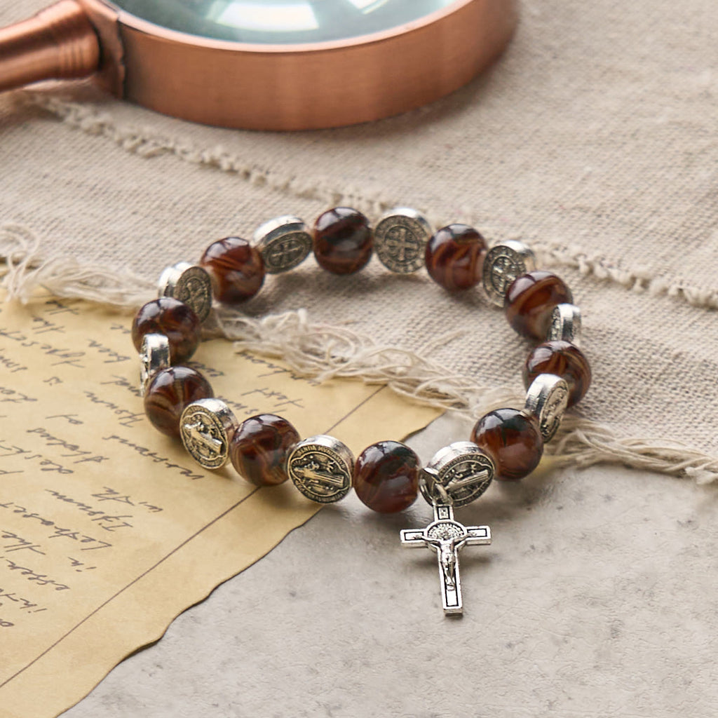 Tri-Color Beads Bracelet with Silver St. Benedict Medal and Crucifix
