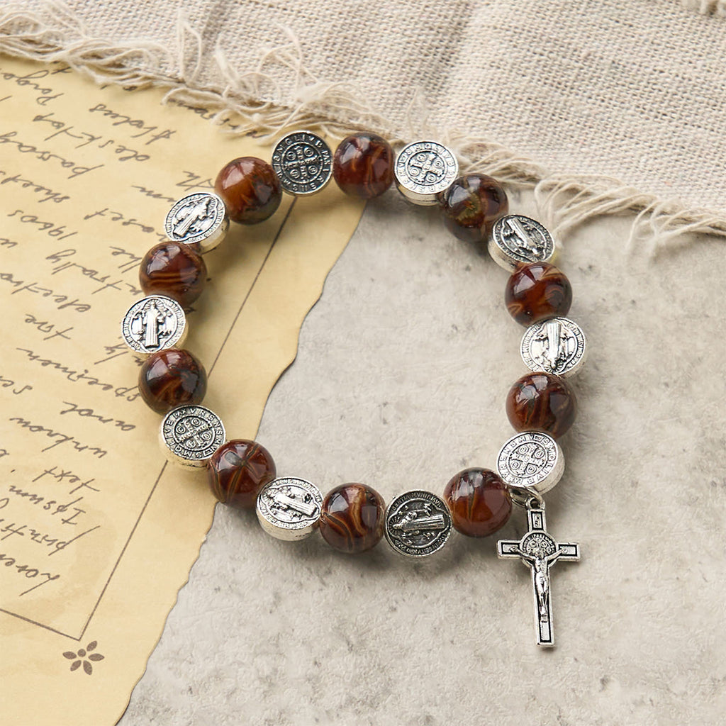 Tri-Color Beads Bracelet with Silver St. Benedict Medal and Crucifix