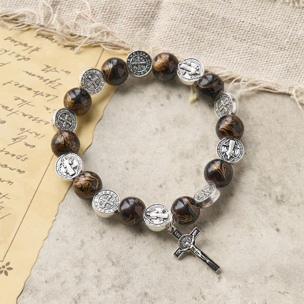Tri-Color Beads Bracelet with Silver St. Benedict Medal and Crucifix