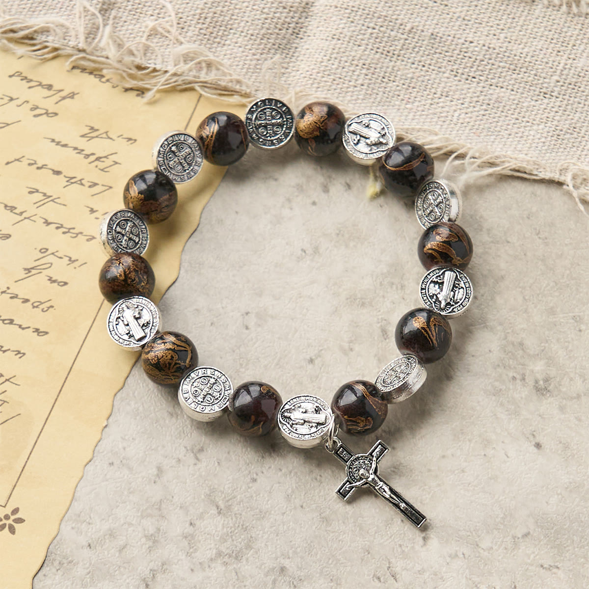 Tri-Color Beads Bracelet with Silver St. Benedict Medal and Crucifix