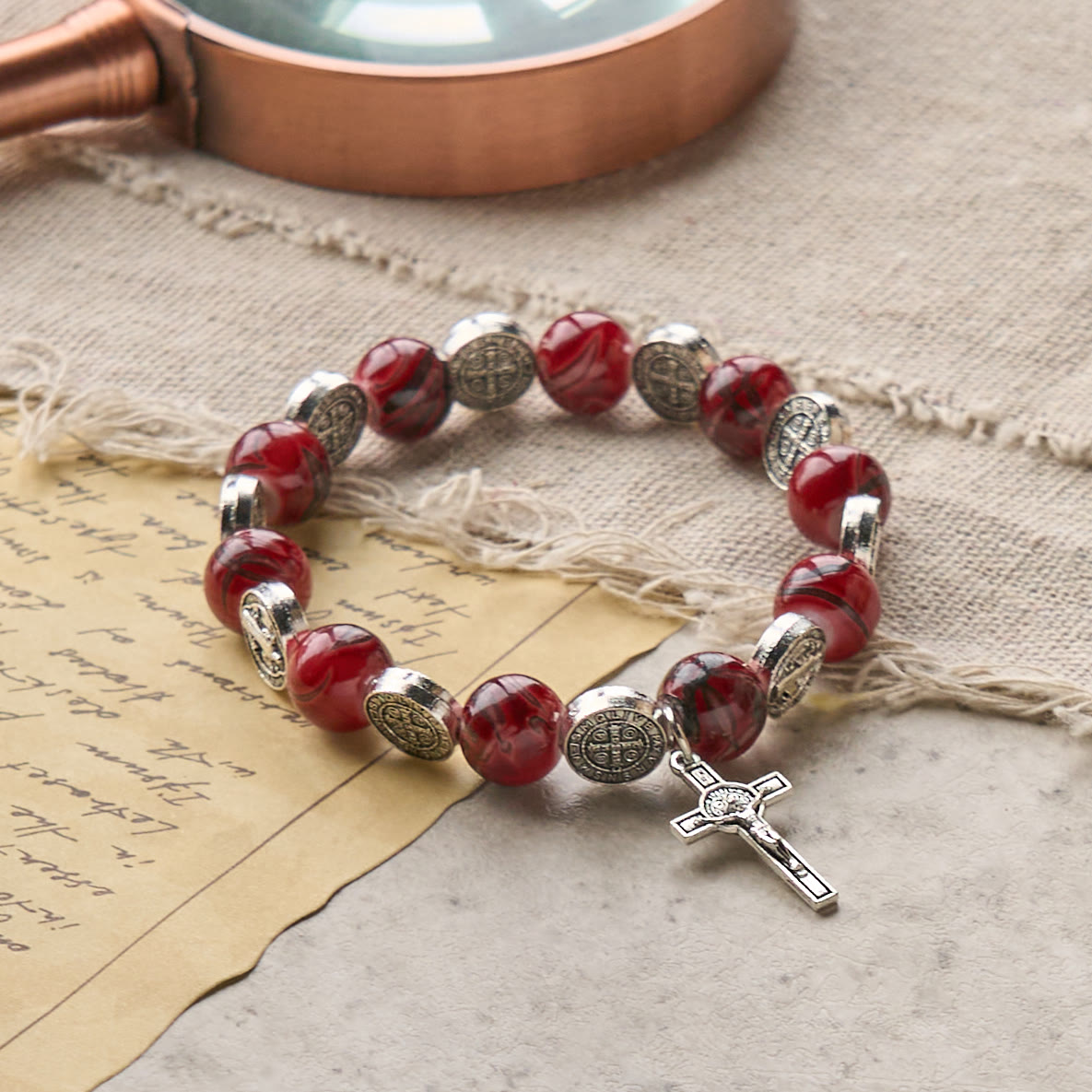 Tri-Color Beads Bracelet with Silver St. Benedict Medal and Crucifix