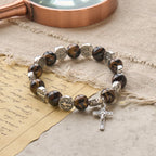 Tri-Color Beads Bracelet with Silver St. Benedict Medal and Crucifix