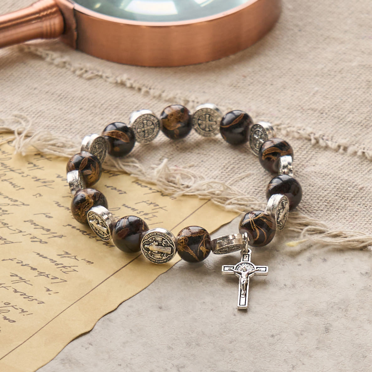 Tri-Color Beads Bracelet with Silver St. Benedict Medal and Crucifix