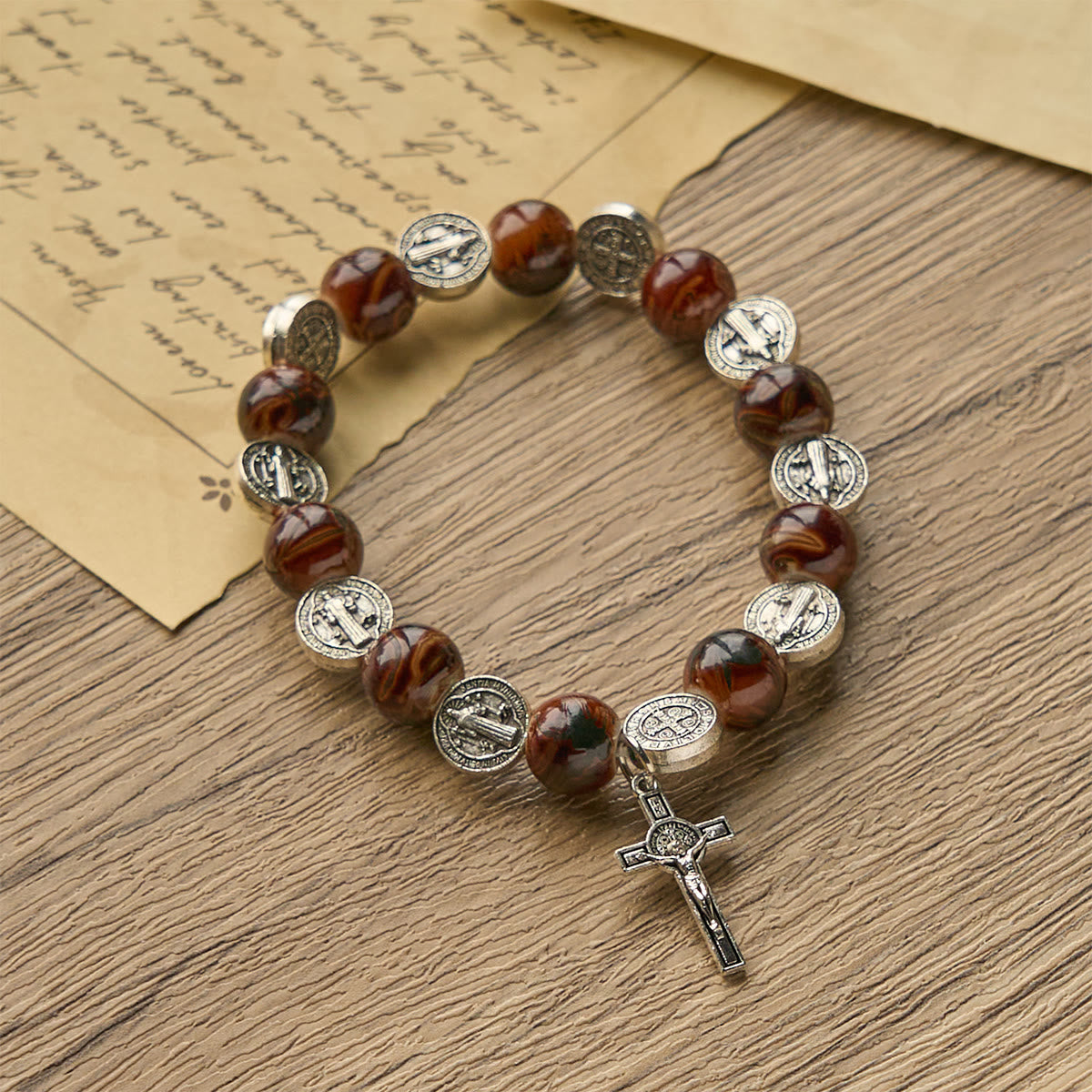 Tri-Color Beads Bracelet with Silver St. Benedict Medal and Crucifix