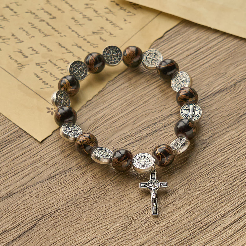 Tri-Color Beads Bracelet with Silver St. Benedict Medal and Crucifix
