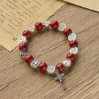 Tri-Color Beads Bracelet with Silver St. Benedict Medal and Crucifix