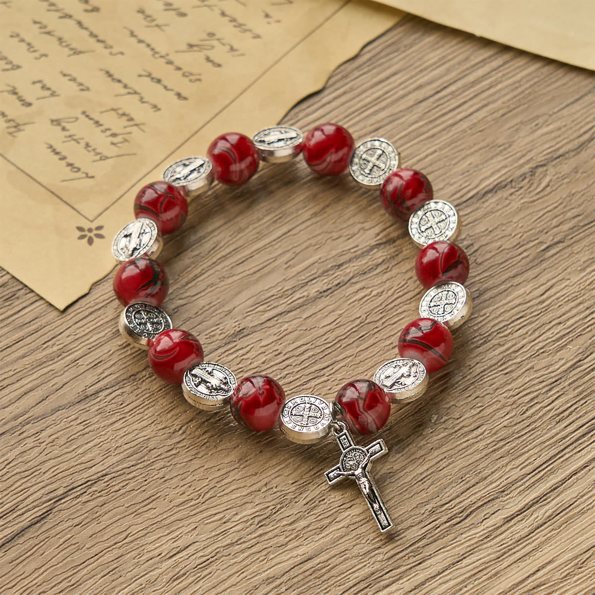 Tri-Color Beads Bracelet with Silver St. Benedict Medal and Crucifix