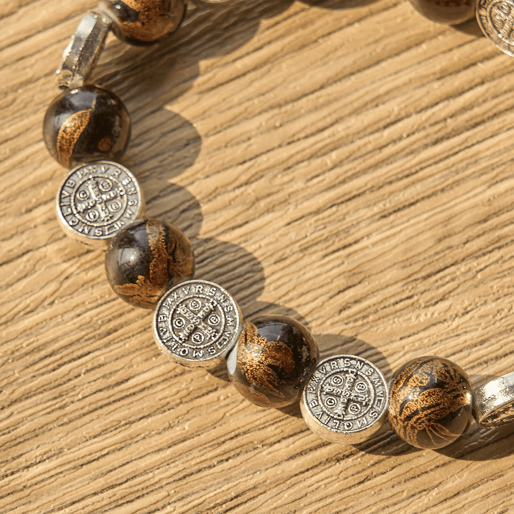 Tri-Color Beads Bracelet with Silver St. Benedict Medal and Crucifix