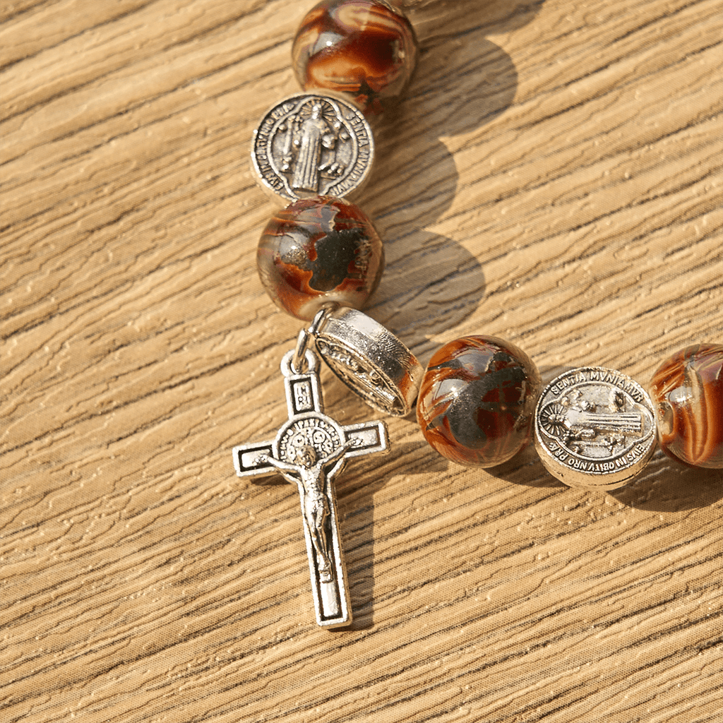 Tri-Color Beads Bracelet with Silver St. Benedict Medal and Crucifix