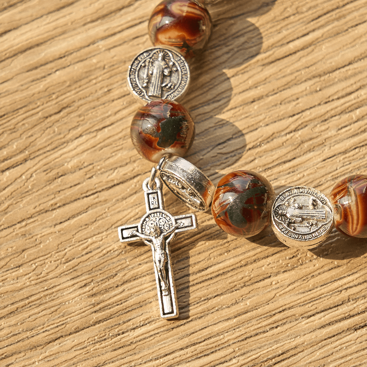 Tri-Color Beads Bracelet with Silver St. Benedict Medal and Crucifix