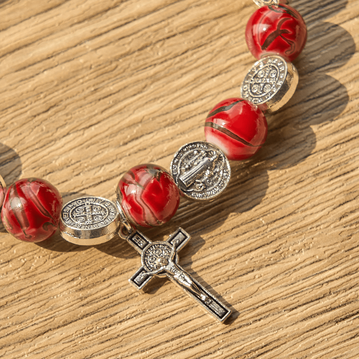 Tri-Color Beads Bracelet with Silver St. Benedict Medal and Crucifix