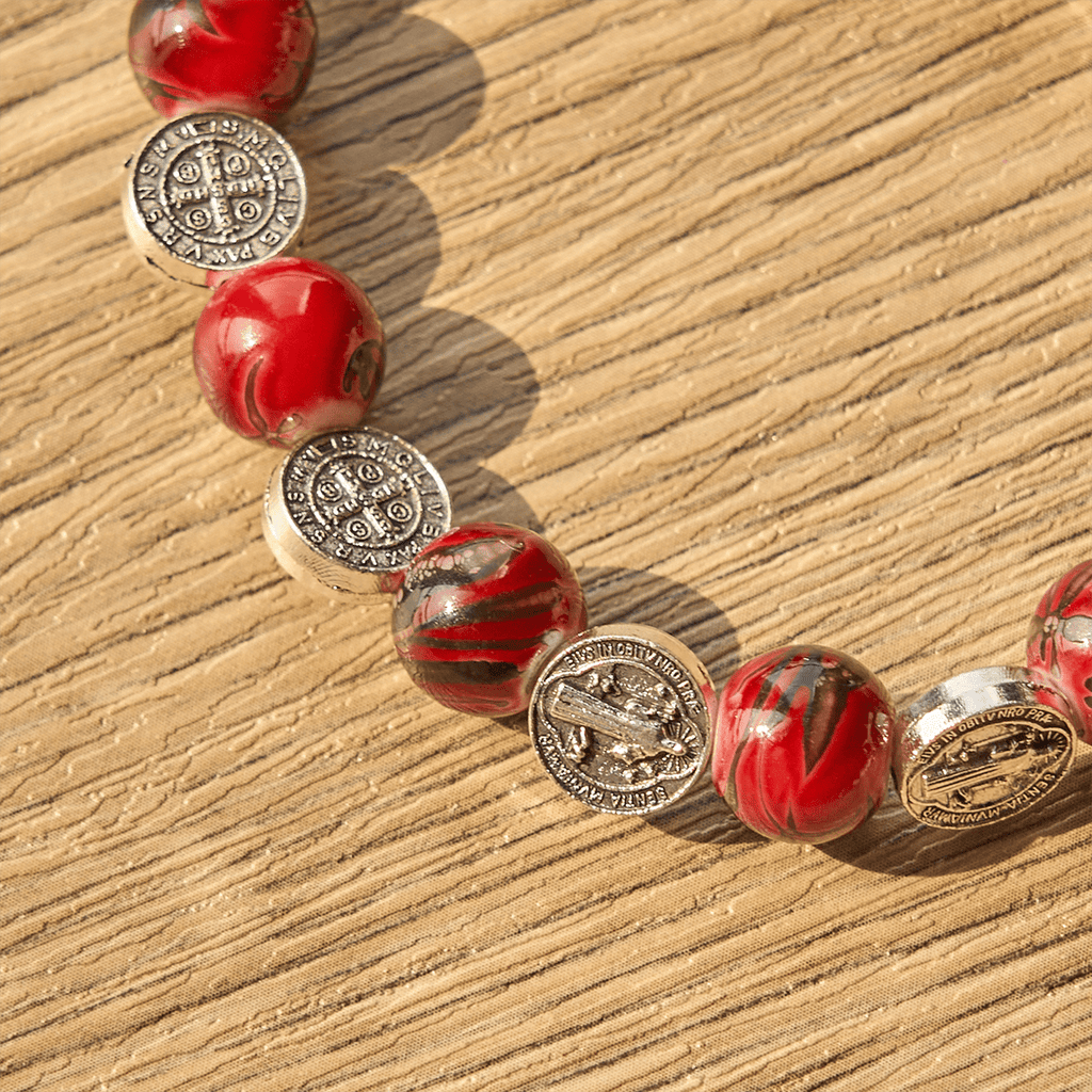 Tri-Color Beads Bracelet with Silver St. Benedict Medal and Crucifix