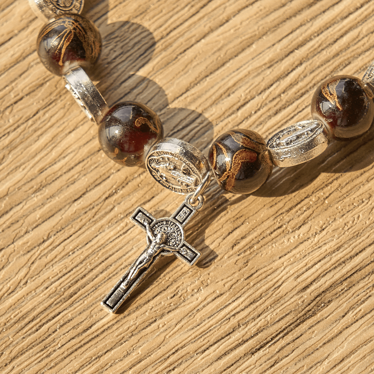 Tri-Color Beads Bracelet with Silver St. Benedict Medal and Crucifix