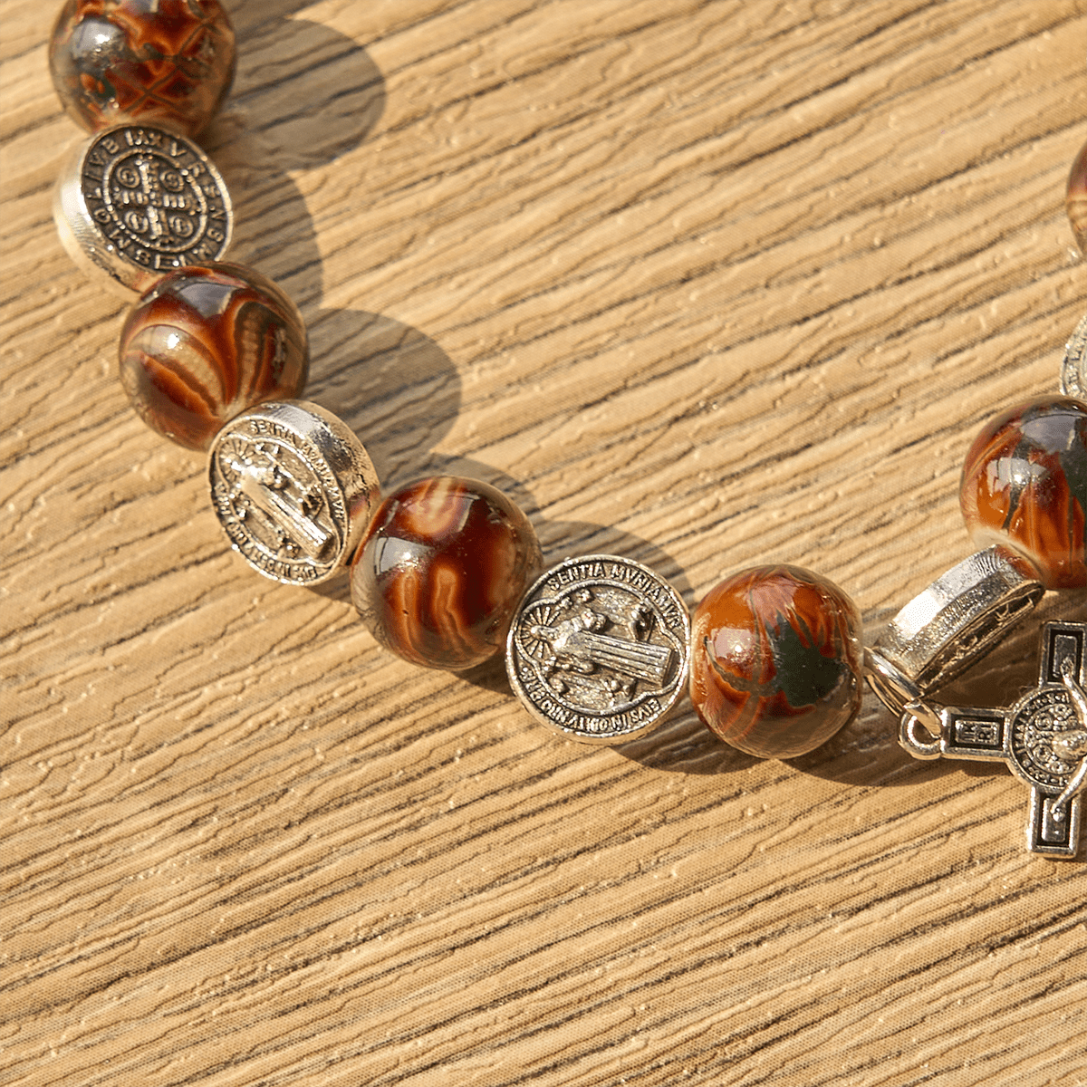 Tri-Color Beads Bracelet with Silver St. Benedict Medal and Crucifix