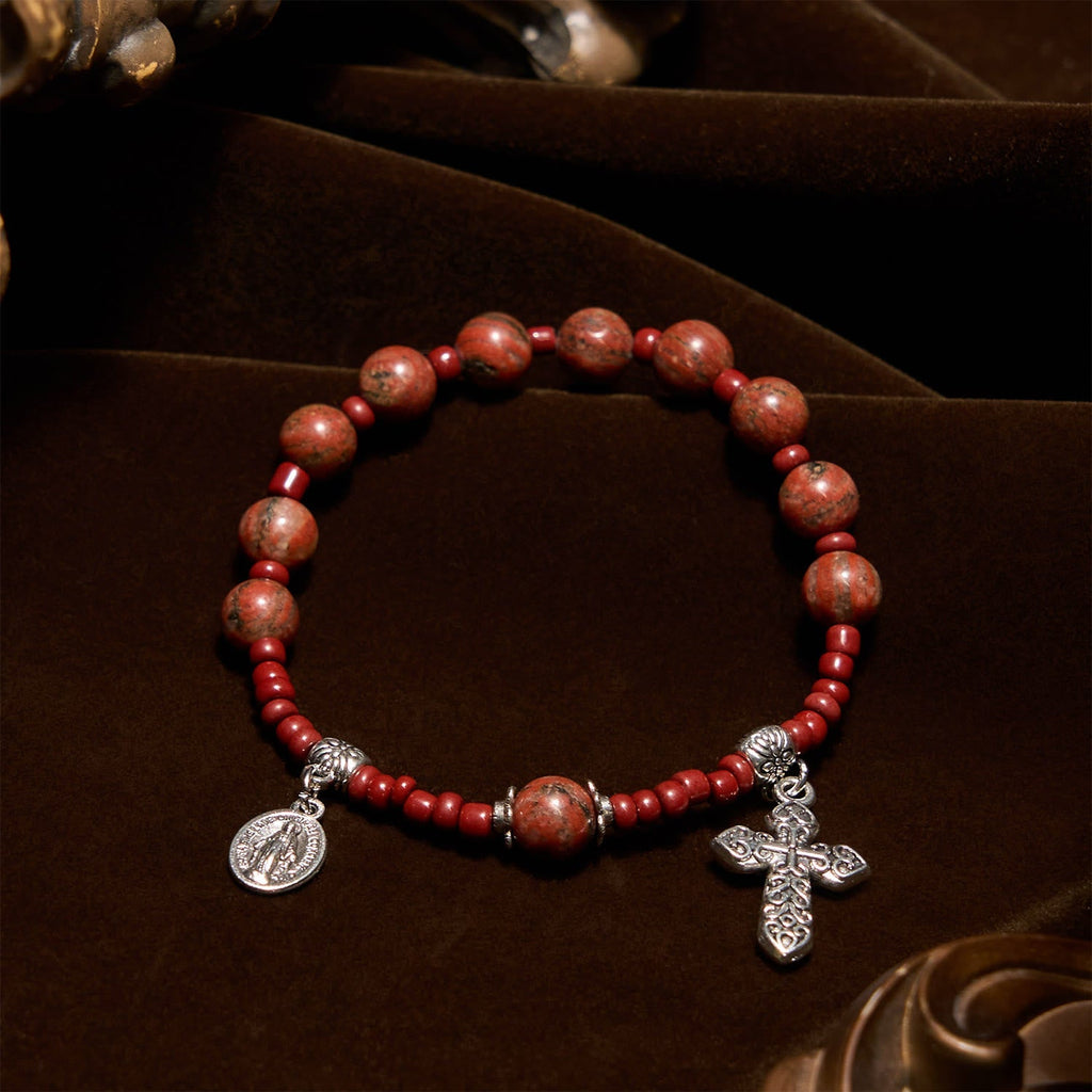 8mm Red Sesame Stone One Decade Rosary Bracelet with Miraculous Medal
